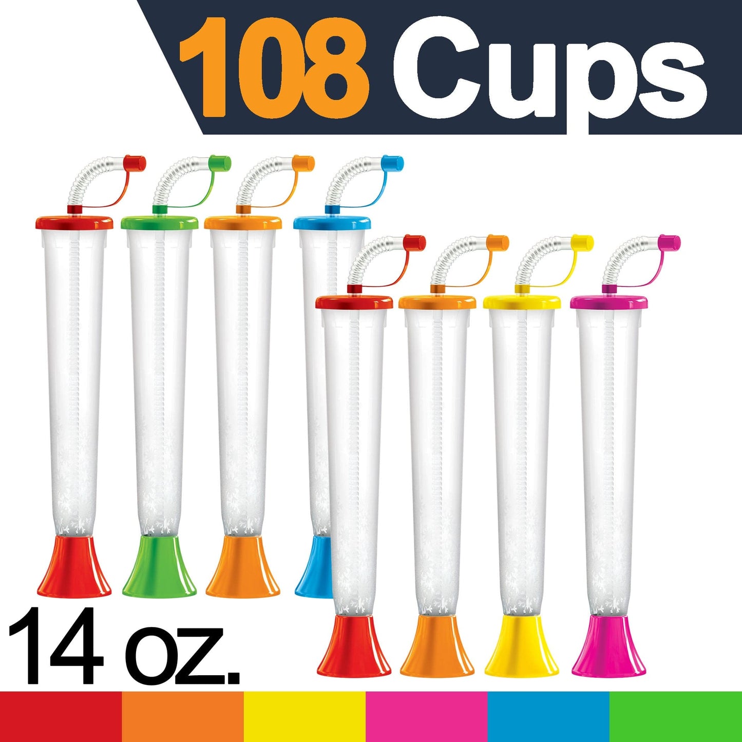 Sweet World USA Yard Cups (108 Cups) Yard Cups Variety Pack - 14oz - for Margaritas, Cold and Frozen Drinks - Red, Orange, Yellow, Pink, Blue and Lime Lids and Straws cups with lids and straws