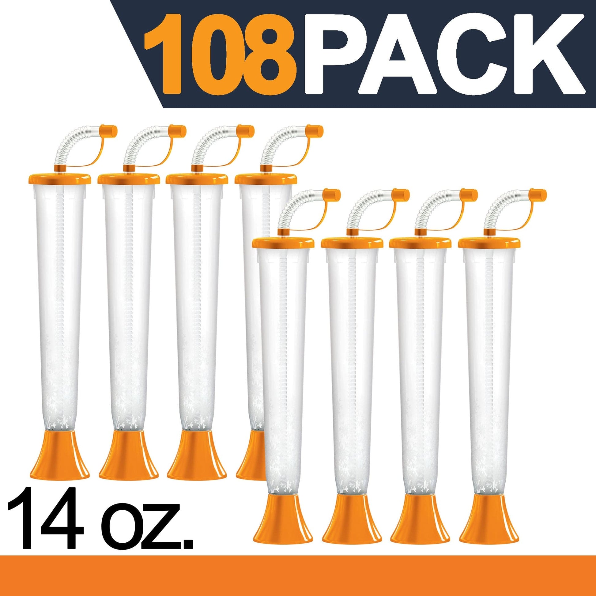 Sweet World USA Yard Cups 108 Cups Yard Cups with ORANGE Lids and Straws - for Margaritas, Cold Drinks, Frozen Drinks, Kids Party - 14 oz. (400 ml) cups with lids and straws
