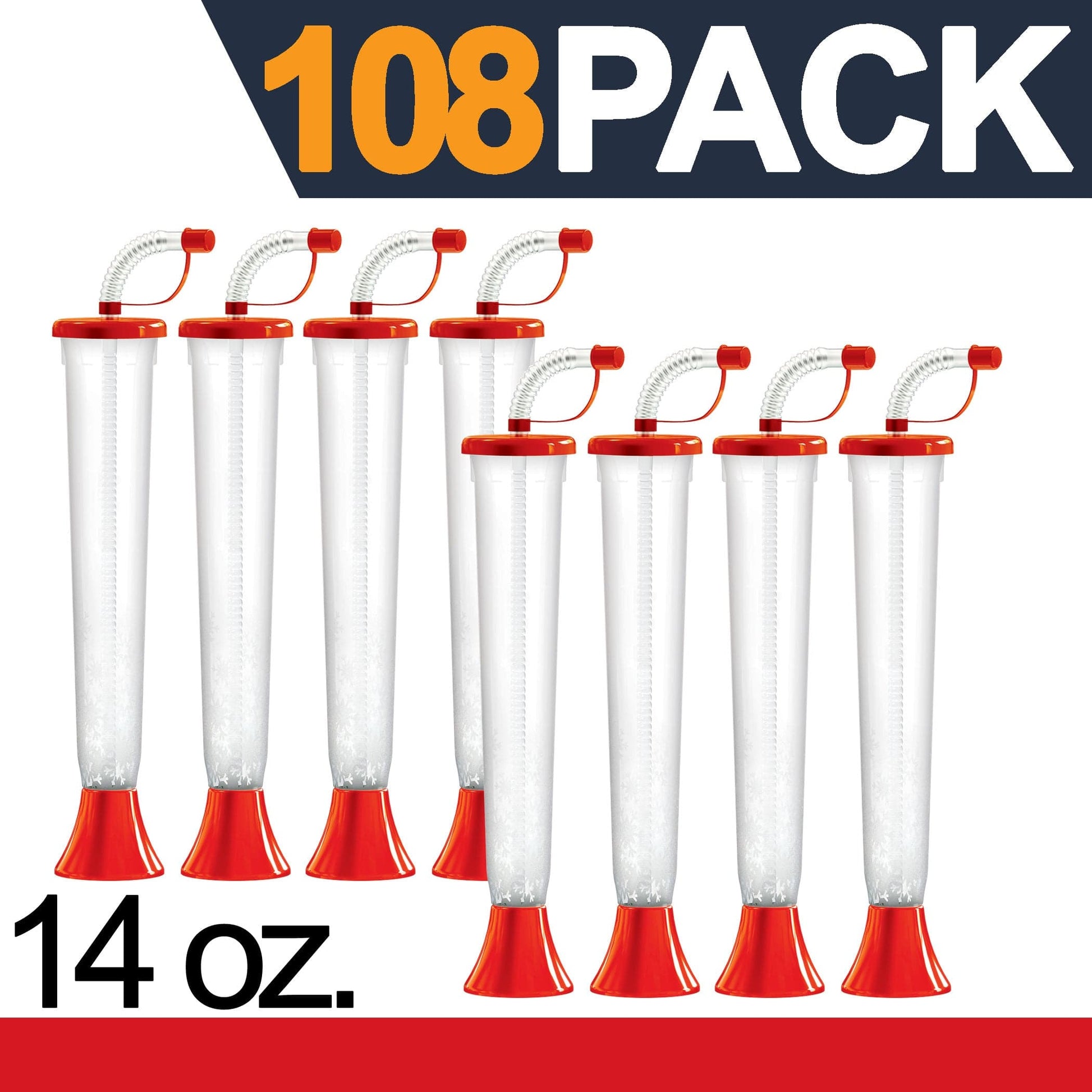 (54 or 108 Cups) Yard Cups with Red Lids and Straws - 14oz - for Margaritas, Cold Drinks, Frozen Drinks, Kids Party