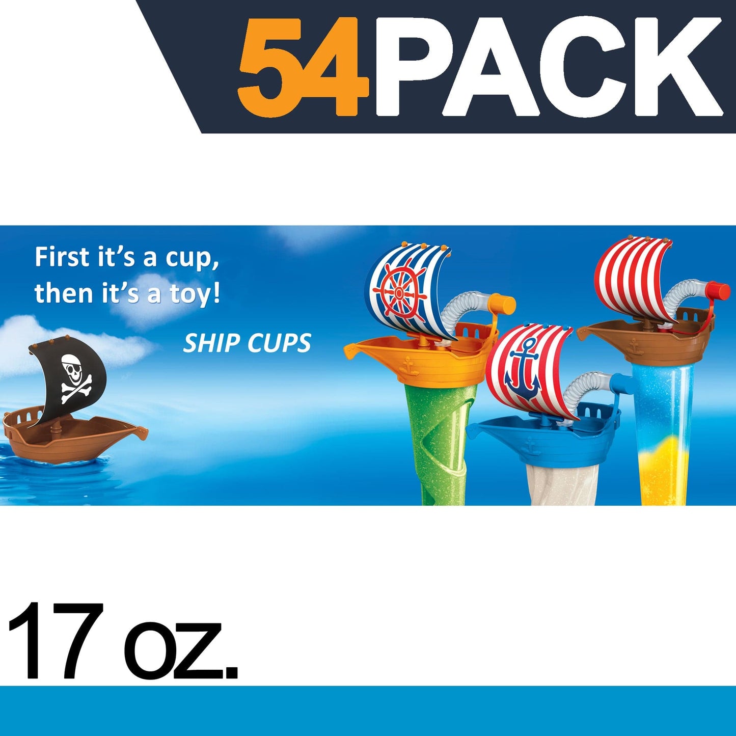 Sweet World USA Yard Cups (54 Cups) Gasparilla Pirate Ship Cups - 17oz/500ml - for Cold or Frozen Drinks, Kids Parties - First it's a Cup, then it's a Toy cups with lids and straws