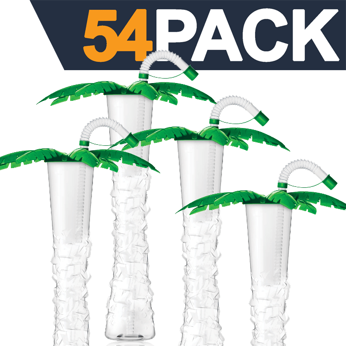 Sweet World USA Yard Cups Palm Tree Yard Cups with LED Coasters - 17 oz. (Box of 54 Cups) - clear cup with Green Palm Lids and Straws cups with lids and straws