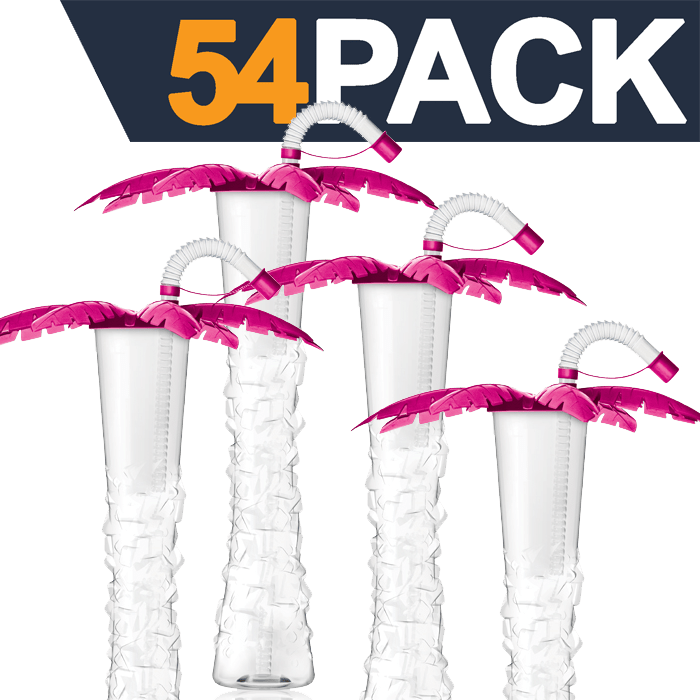 Sweet World USA Yard Cups Palm Tree Yard Cups with LED Coasters - 17 oz. (Box of 54 Cups) - clear cup with Pink Palm Lids and Straws cups with lids and straws