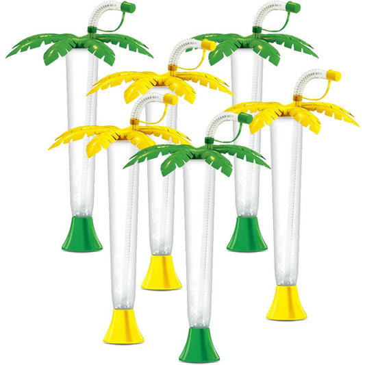 Sweet World USA Yard Cups Party Pack Palm Tree Luau Yard Cups Party 6-Pack - for Margaritas, Cold Drinks, Frozen Drinks, Kids Parties - 14 oz. (400 ml) cups with lids and straws
