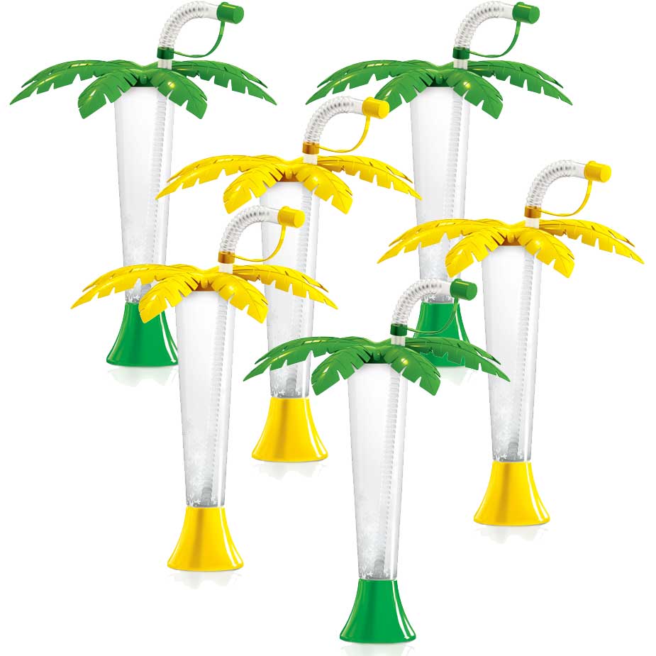 Sweet World USA Yard Cups Party Pack Palm Tree Luau Yard Cups Party 6-Pack - for Margaritas, Cold Drinks, Frozen Drinks, Kids Parties - 9 oz. (250 ml) cups with lids and straws