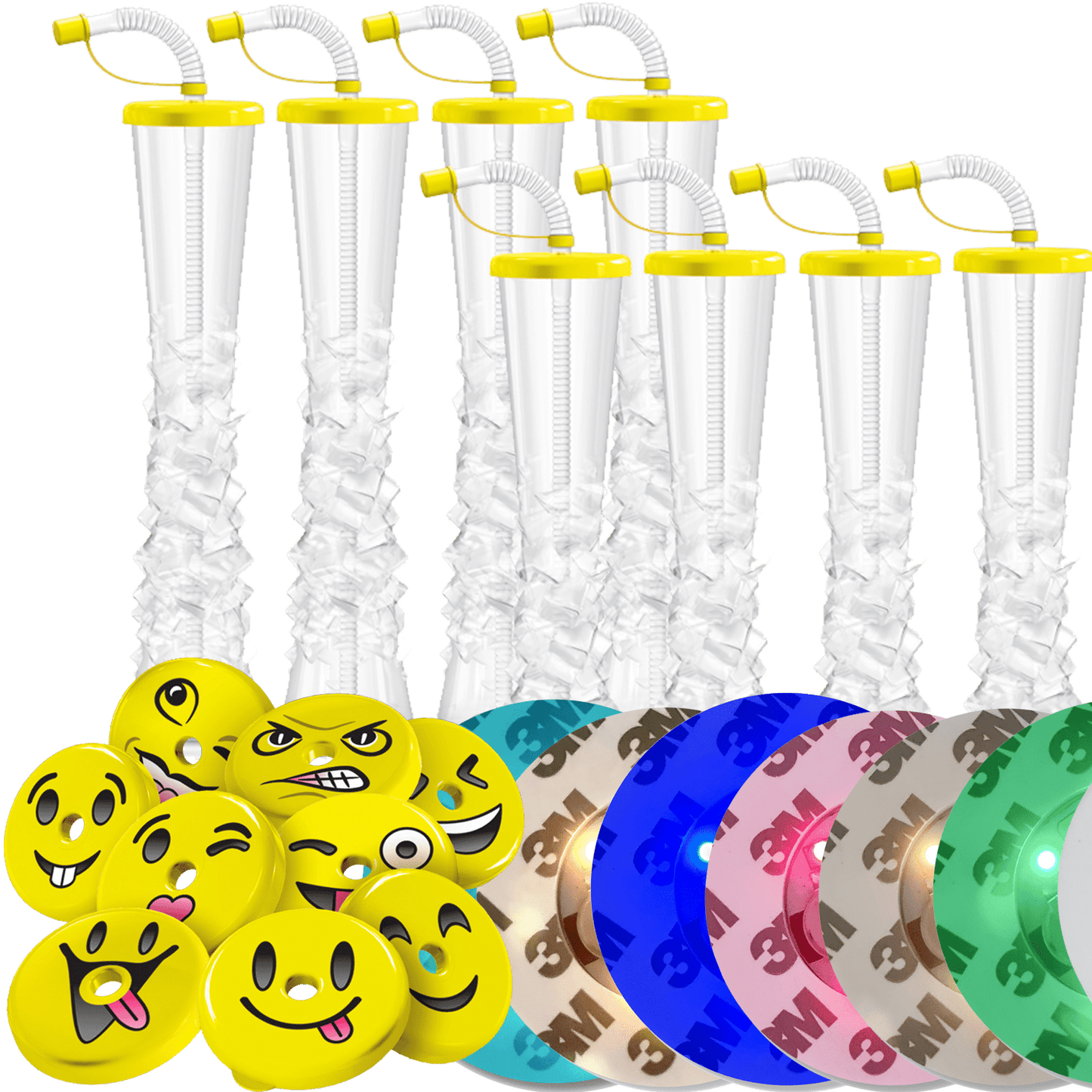 Sweet World USA Yard Cups Smiley Face Ice Yard Cups with LED Coasters (54 Cups & LED Coasters - Yellow Lids) - for Margaritas, Cold Drinks, Frozen Drinks, Kids Parties - 17 oz. (500 ml) cups with lids and straws